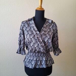 Bishop + Young Silk Ruffle Sleeve Faux Wrap Top Size S Black White New